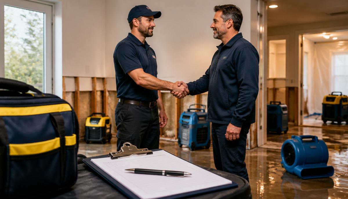 Two restoration technicians shaking hands on a water-damage jobsite with dehumidifiers and a signed agreement on a clipboard