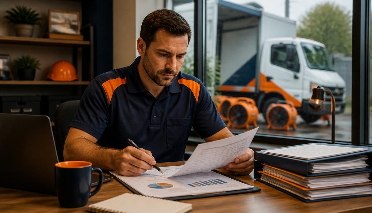 Restoration company owner reviewing financial documents and job files at a desk with drying fans and a service truck outside