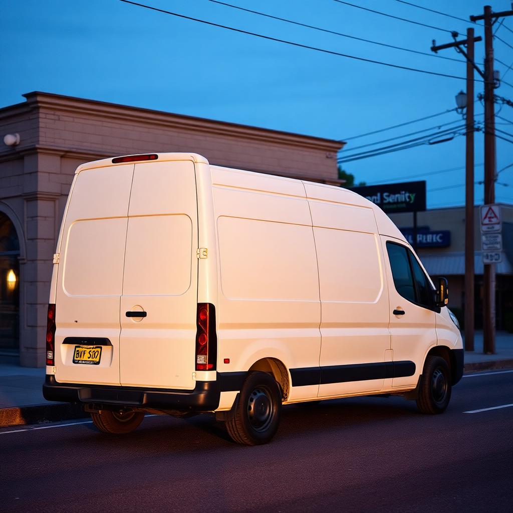An unmarked white van parked outside a low commercial building at dusk