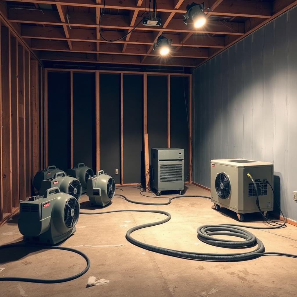 Commercial air movers and a dehumidifier running in a stripped drywall room under portable work lights